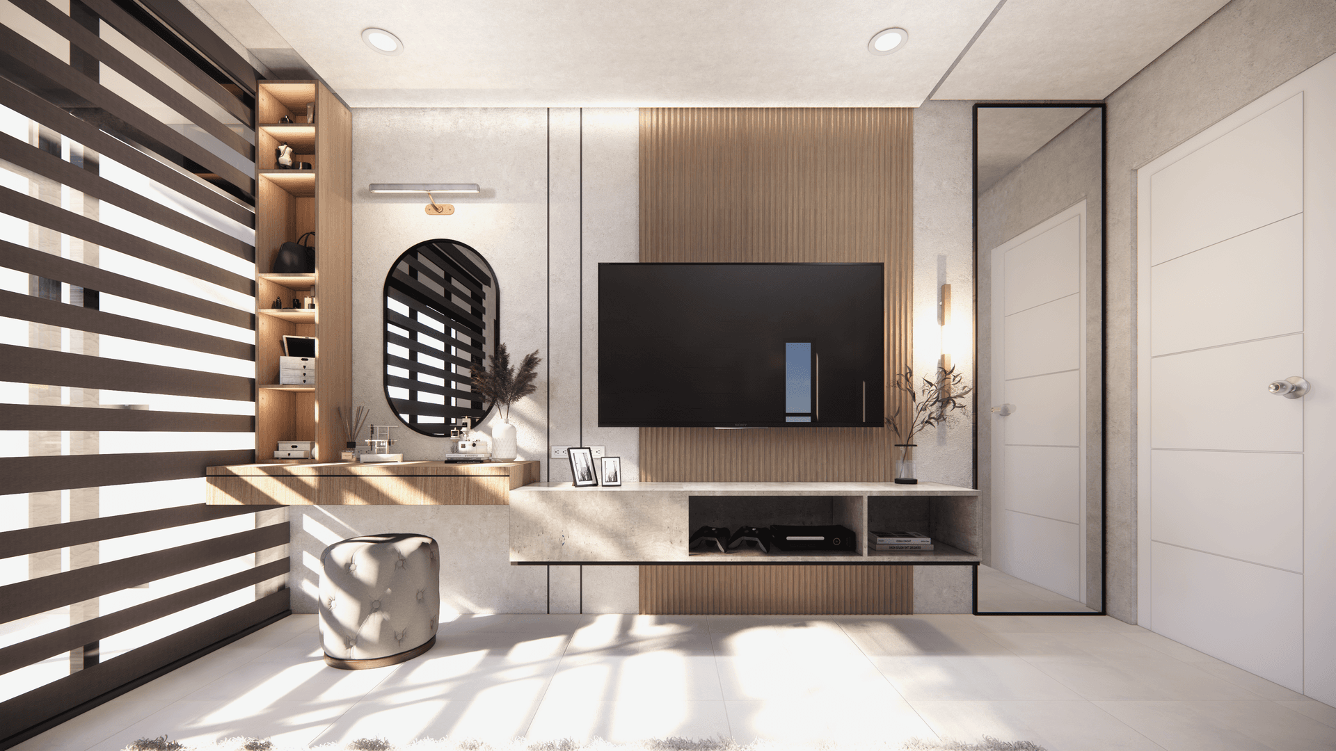 Built-in — bedroom vanity table, display shelf, and TV console