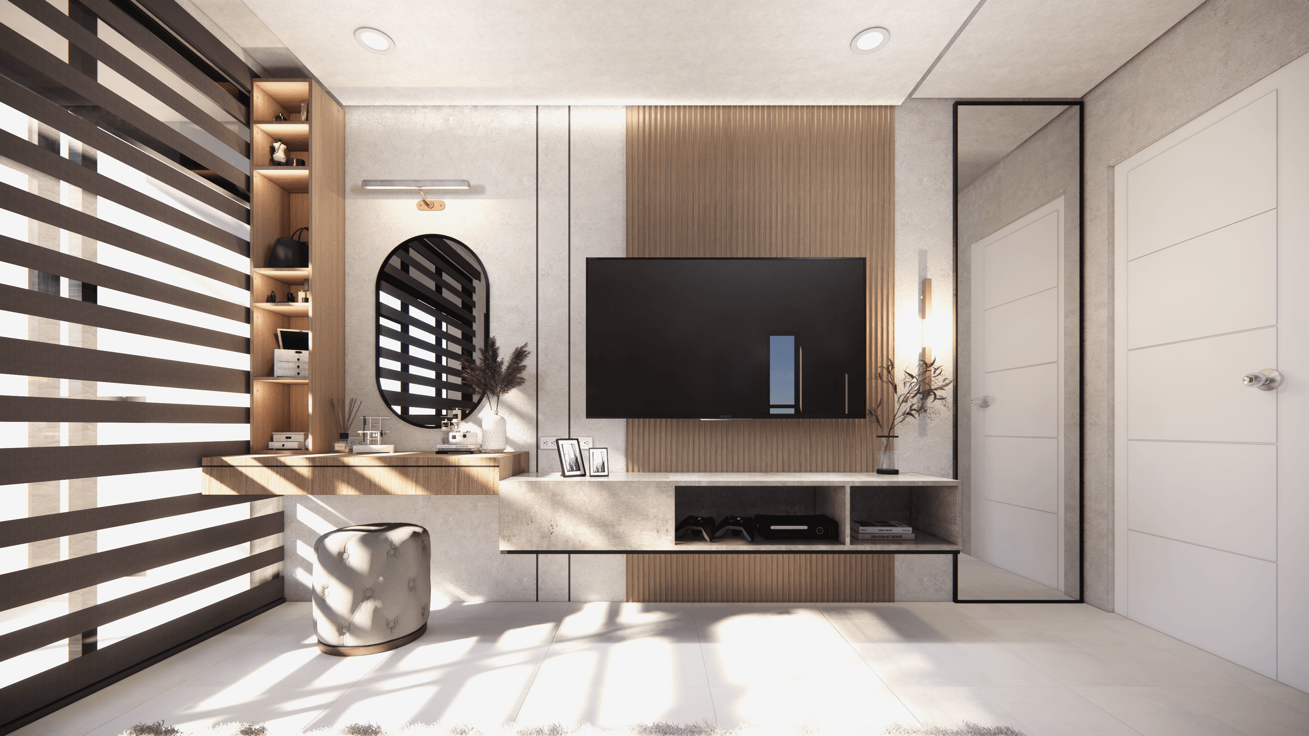 Built-in bedroom vanity table, display shelf, and TV console