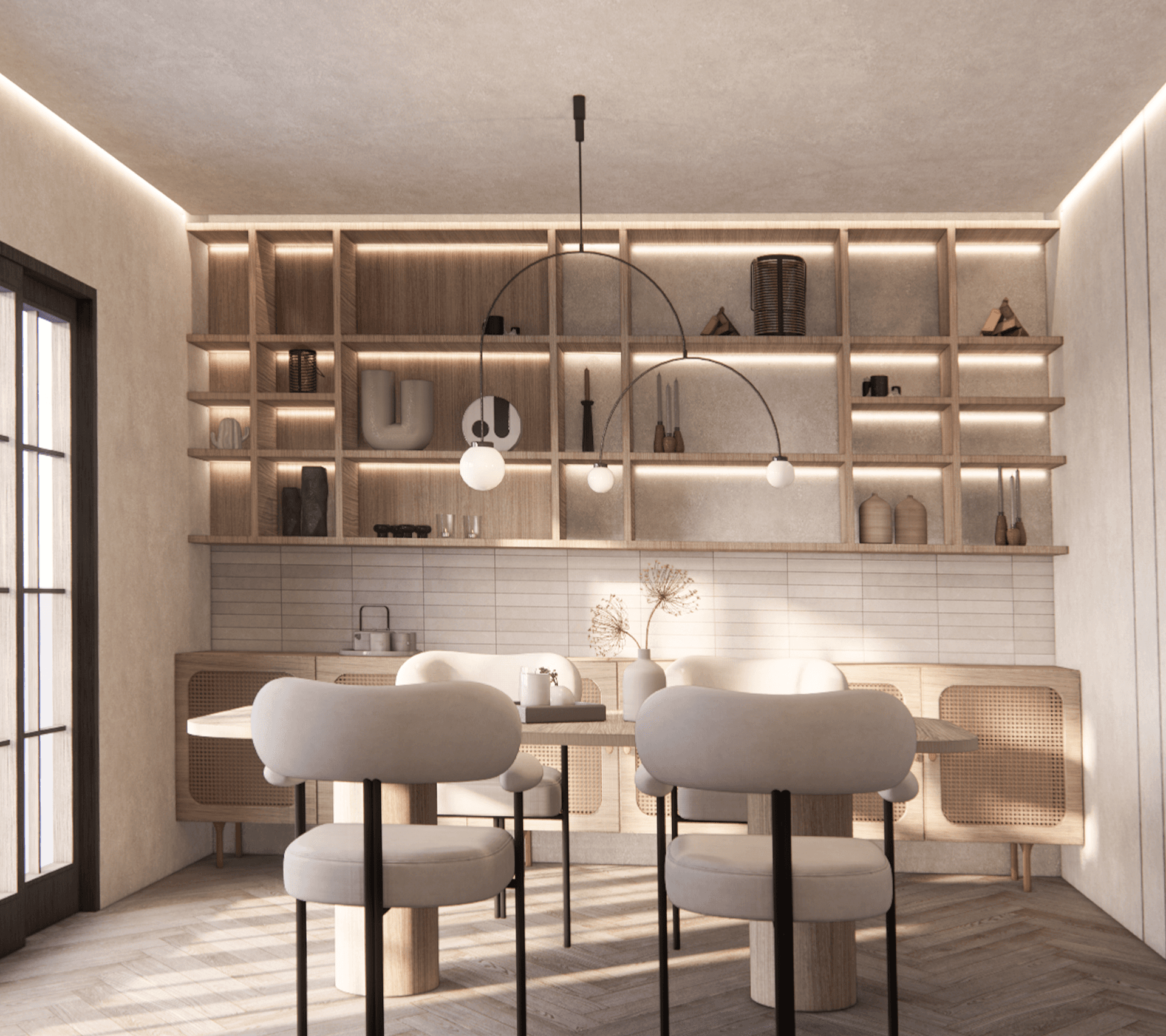 The Hearth — dining room perspective toward the kitchen