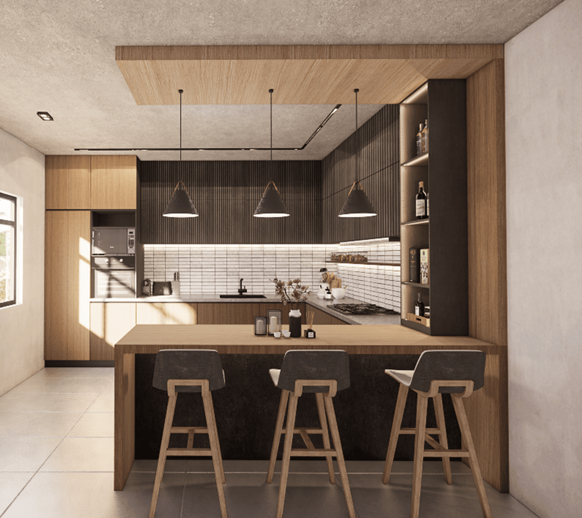The Hearth — kitchen with timber island, pendant lights, and white brick backsplash
