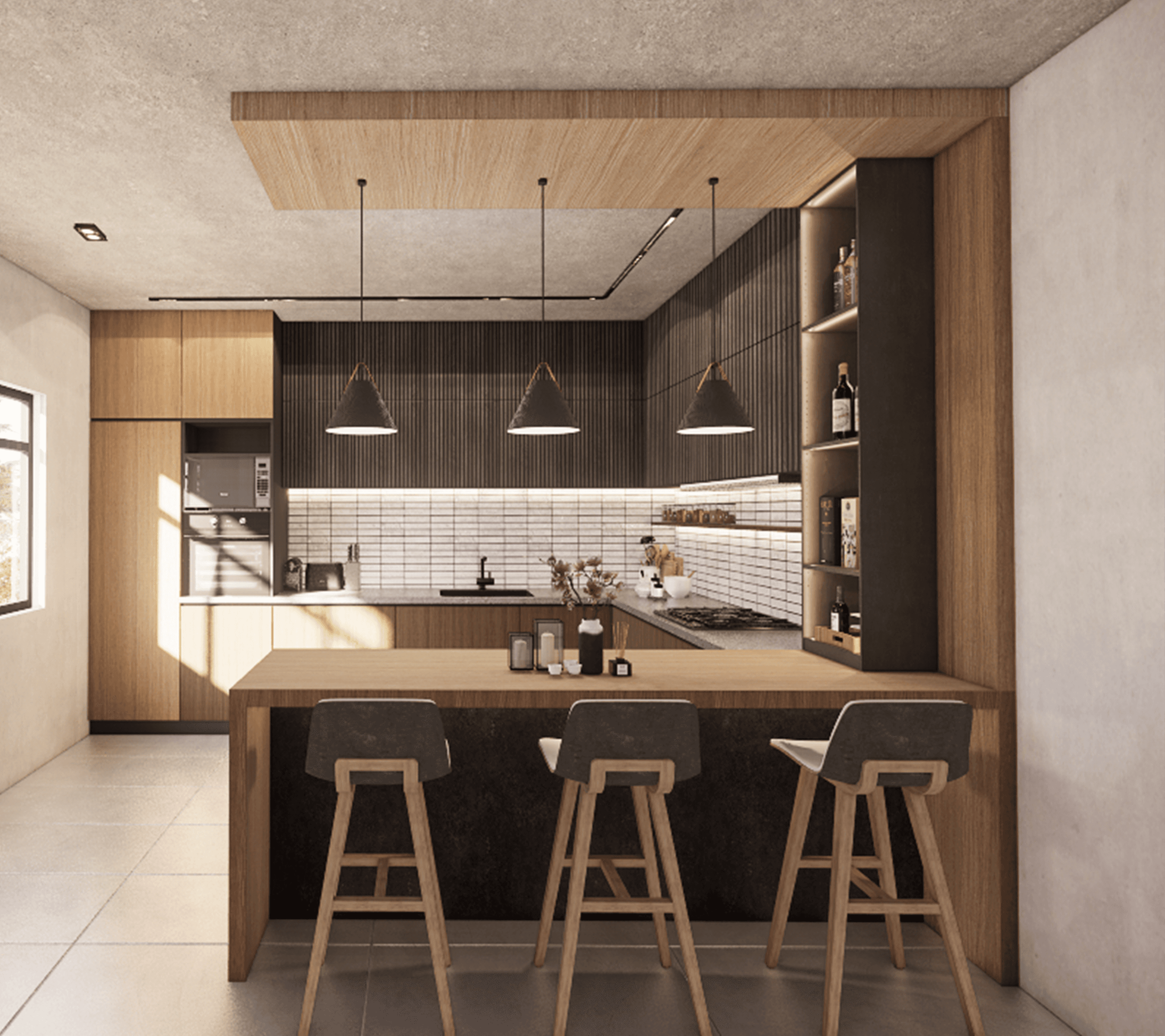 The Hearth kitchen with timber island, pendant lights, and white brick backsplash