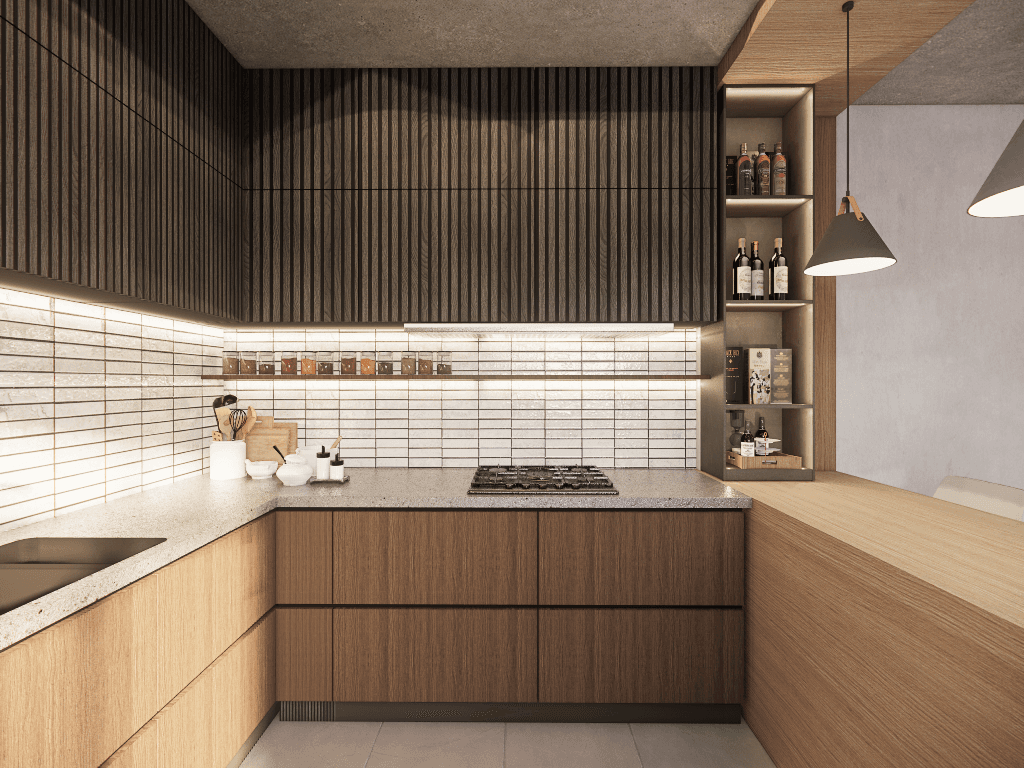 The Hearth — kitchen work surface and open shelving