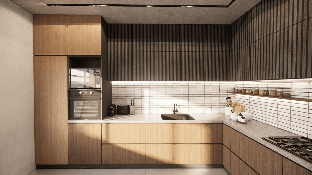 The Hearth — kitchen detail with white brick backsplash