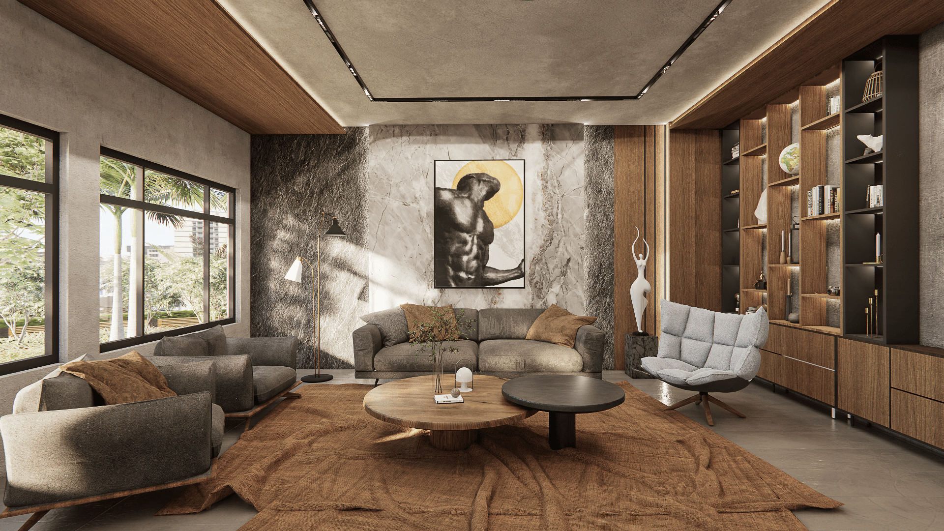 The Noir — living room with marble feature wall, wood shelving, and warm rust textiles