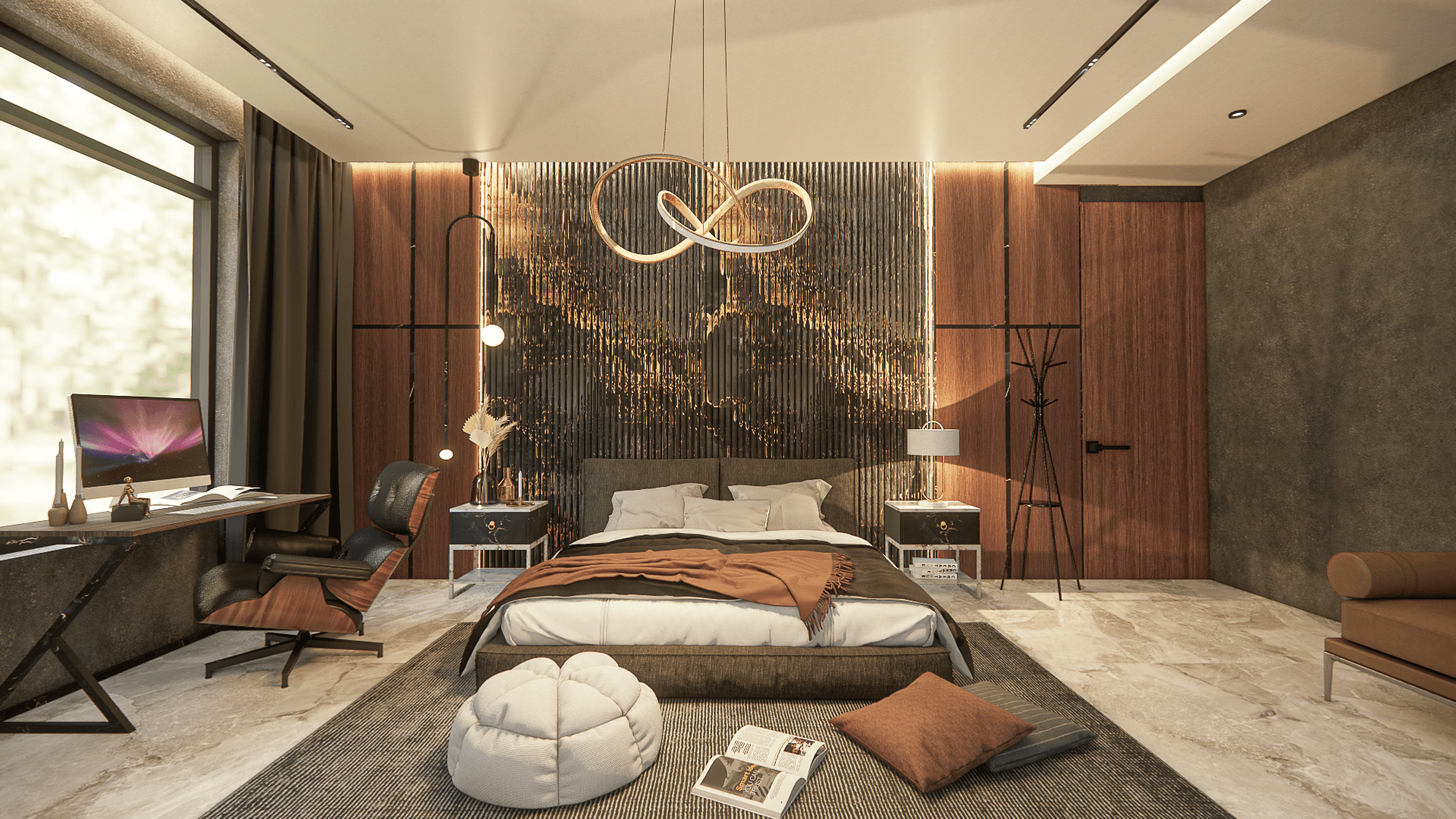 The Noir — bedroom with dark wood headboard, warm accent lighting, and marble floors