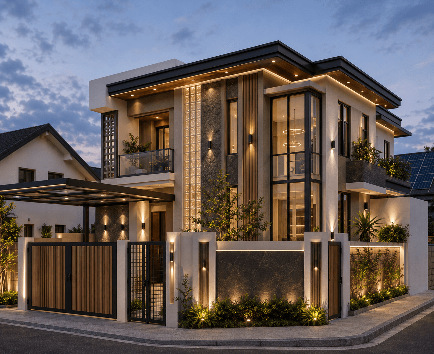 Luxury finish interior — wood flooring, cladding, detailed ceiling