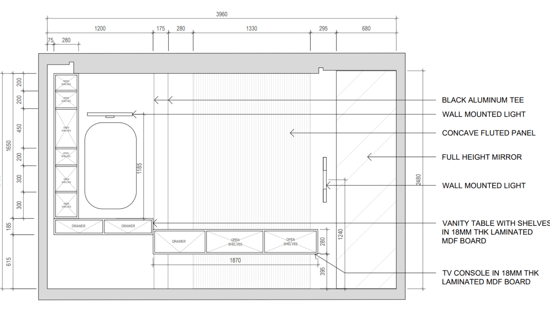 Bedroom vanity table, display shelf, and TV console — technical drawing