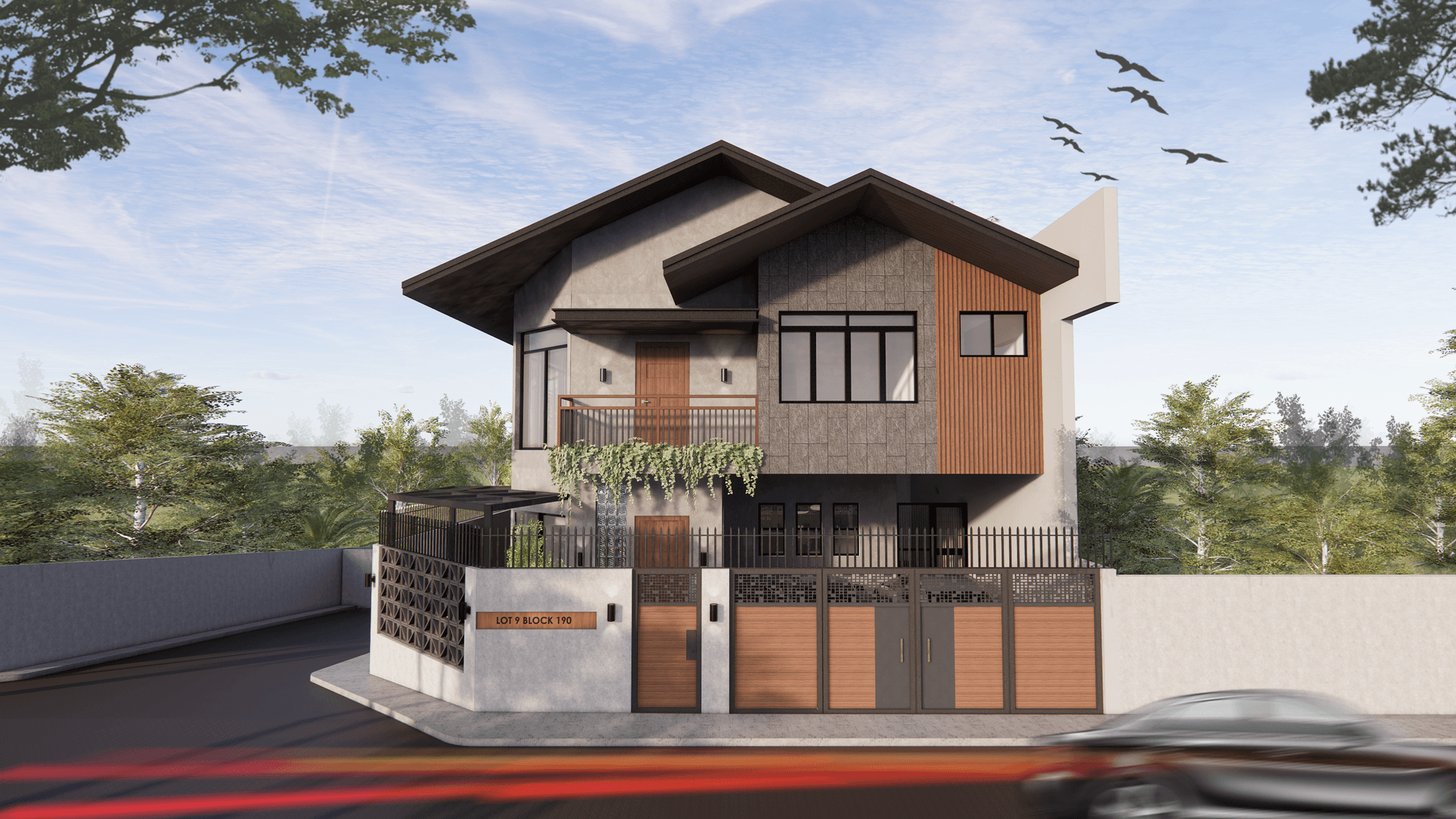 C House — two-storey residence exterior with gabled roof, timber slats, and perimeter fence