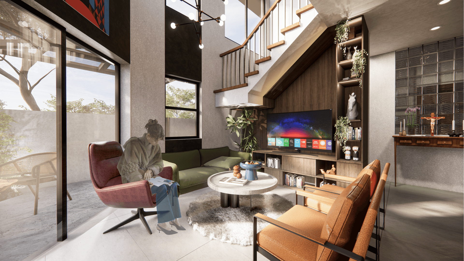 C House — living area with warm timber accents