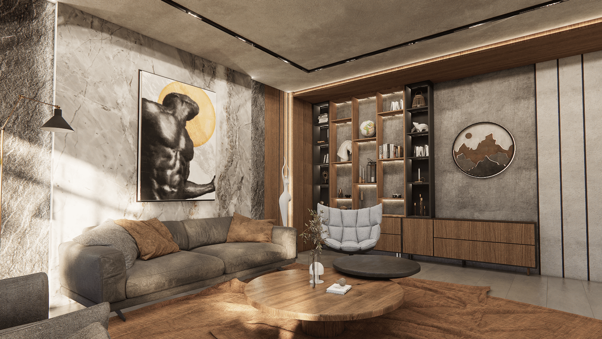 The Noir — living room toward the backlit shelving