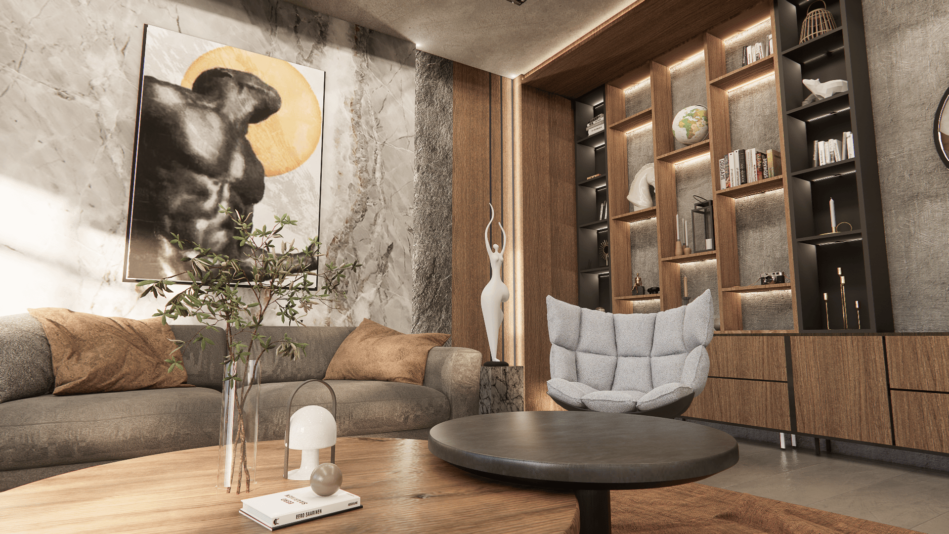 The Noir — reading corner with sculptural chair and artwork