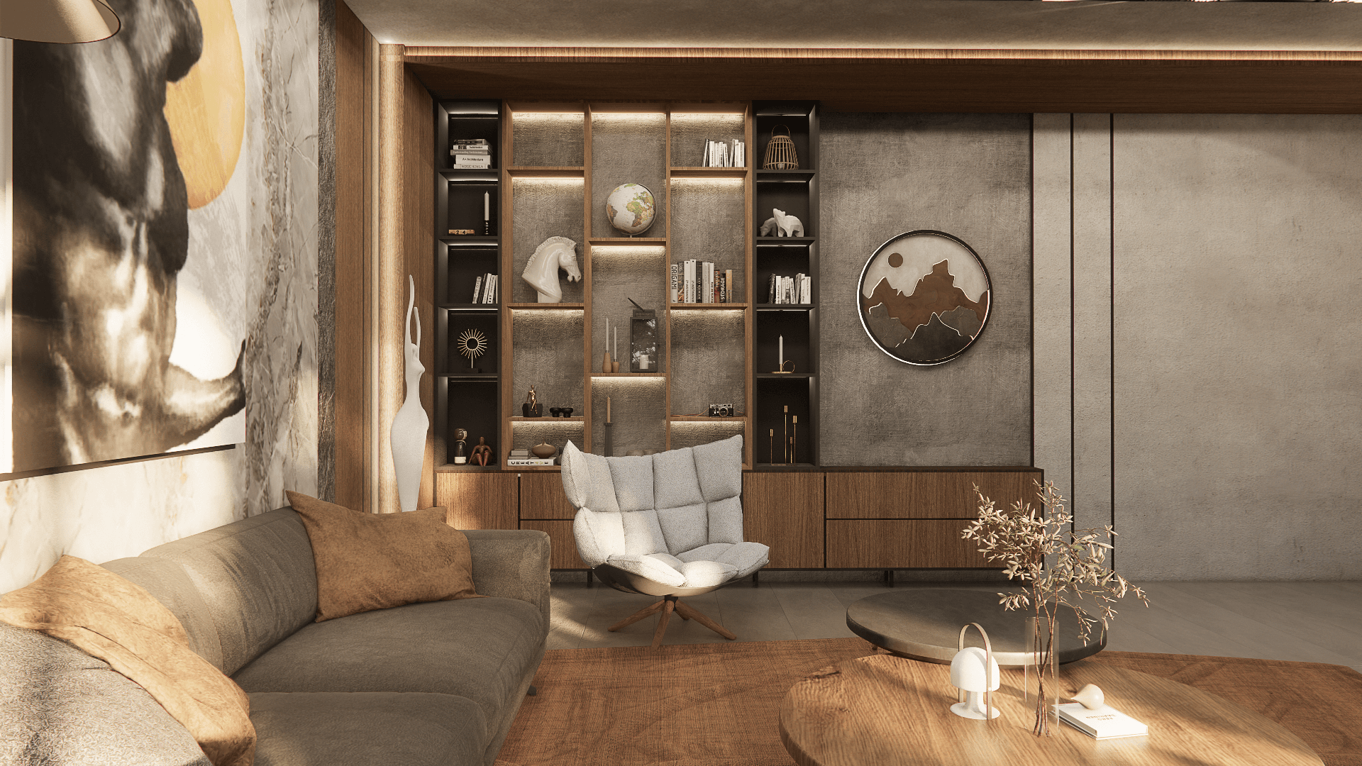 The Noir — living room detail in stone and walnut